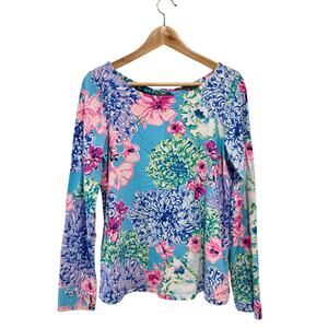 Lilly Pulitzer Women’s L Blue Pink Floral Long Sleeve Knit Top Twist Neck Open